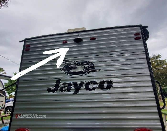 Showing the camera on the back of the Jayco travel trailer.