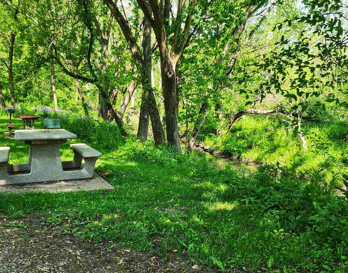 Picnic table recreation area along Indian Creek.