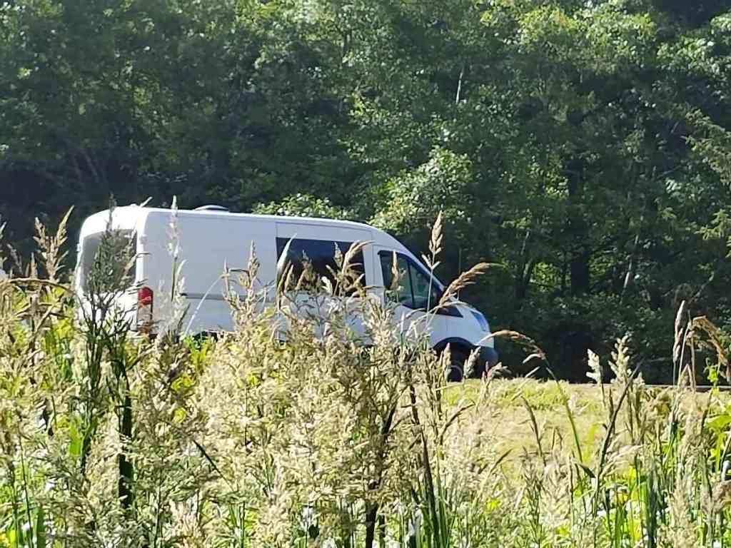 My van behind the tall grass at Arch Rock located within the Samuel H Boardman State Scenic Corridor along the Oregon coast.